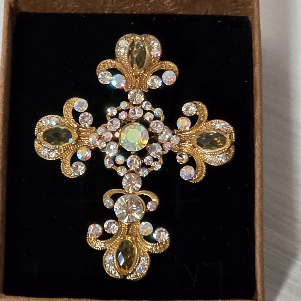 Elegant Antique Inspired Gold Tone and Rhinestone Cross Brooch, 2"